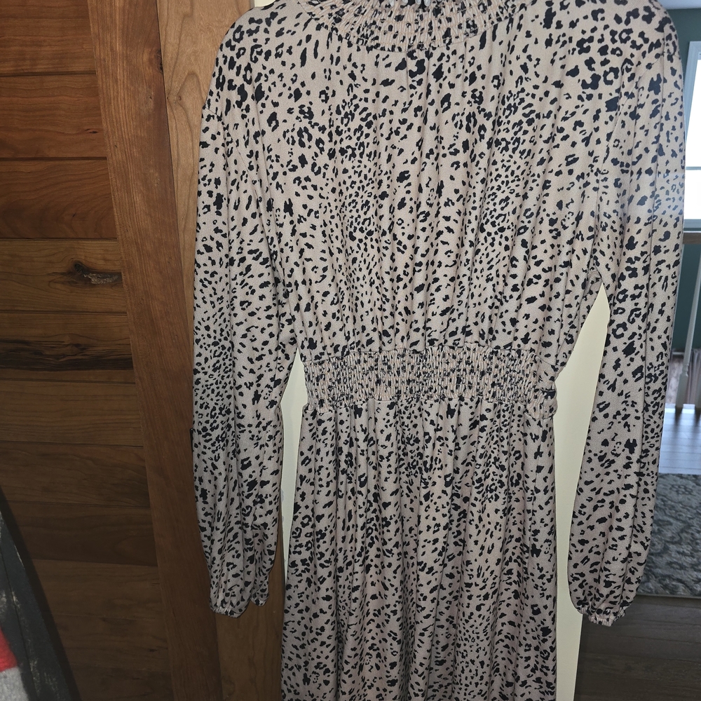 Beige and Black Printed Long Sleeve Women's Dress